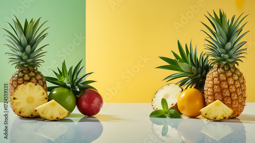 Fototapeta Naklejka Na Ścianę i Meble -  Fresh pineapples and tropical fruits arranged on a reflective surface against a colorful background
