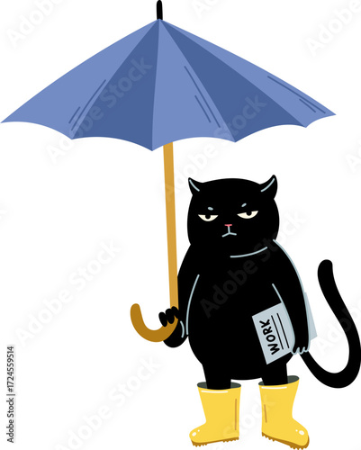 Black cat under blue umbrella with Work paper