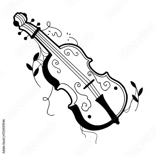 decorative  violin with leaves in flat art