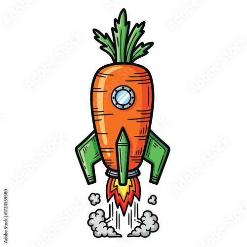 Vector illustration of carrot rocket launching with fire and smoke
