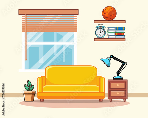 Cozy Living Room Interior with Furniture and Decorations Vector Illustration Flat Design