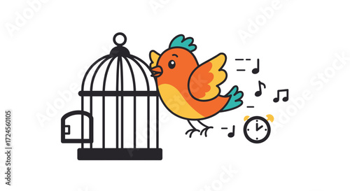 Flying bird escaping cage with music notes