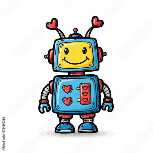 Vector illustration of cute robot with heart antennas and buttons