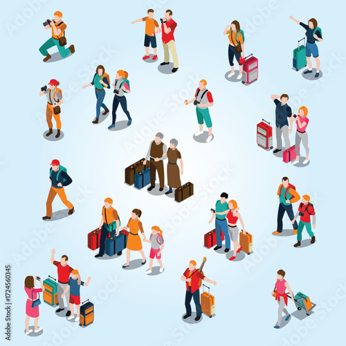 Isometric Style Various Tourists with Luggage Travel Group Concept Illustration