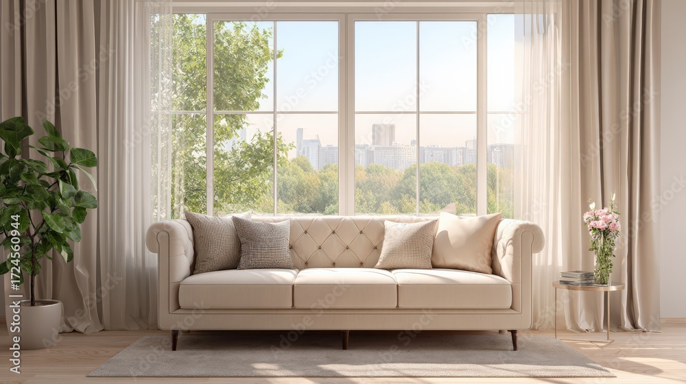 Fototapeta premium Modern Minimal Living Room with Beige Sofa and Daylight