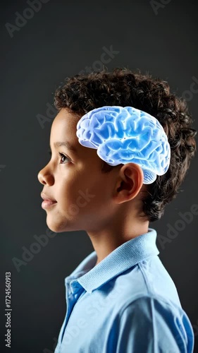 Boy with brain graphic, demonstrating memory, learning, or cognition in a portrait on dark grey background in profile
