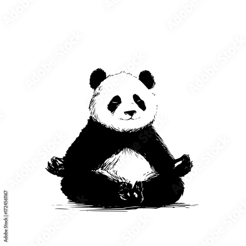 Panda bear meditating illustration zen animal art black and white panda drawing peaceful yoga pose artwork
