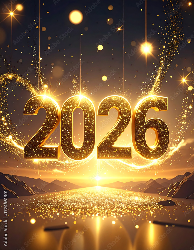 Fototapeta premium Celebrating the arrival of 2026 with a sparkling blue background and golden lettering wishing a happy new year. Happy New Year 2026 banner