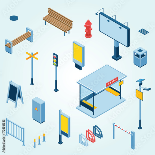Isometric Street Furniture and Urban Objects Set Detailed Illustration
