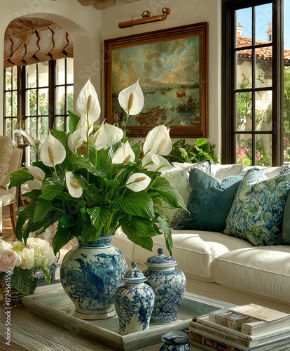 Elegant Living Room with Peace Lilies Blue Vases and Coastal Painting