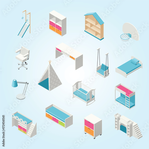 Isometric Detailed Kids Room Furniture and Play Equipment Interior Design Elements