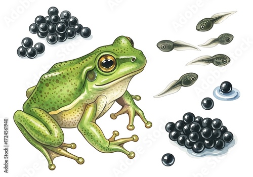 Captivating amphibian life cycle illustration: A detailed look at the journey of a frog from egg to adult showcasing