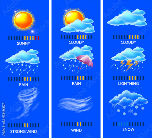 Flat style climate and weather icons vector set featuring sun, clouds, rain, snow, storm, wind, and temperature symbols. Perfect for mobile apps, weather forecast designs, websites, infographics.