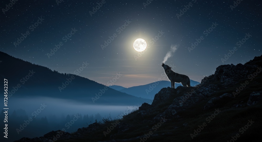 Fototapeta premium Lone wolf howling at full moon over mountainous landscape