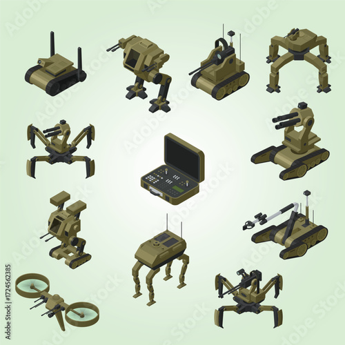 Isometric Isolated Military Combat Drone and Robot Machine Defense Force