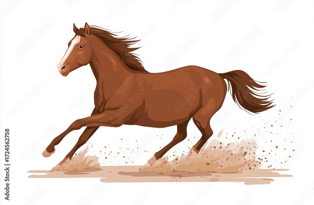 Obraz premium Flat vector illustration of a brown horse with white hooves galloping and kicking up dust, isolated on plain background