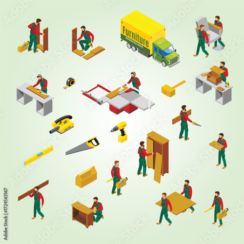 Isometric Detailed Furniture Manufacturing and Delivery Process with Craftsmen Illustration