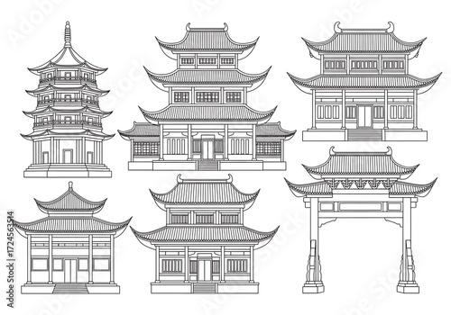 Complex line art featuring diverse traditional asian architecture forms