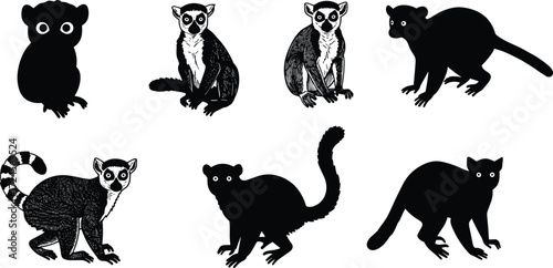 Lemur illustrations, stylized poses, black silhouette, ring-tailed detail, expressive eyes, cartoon primate, vector art, animal design, character set