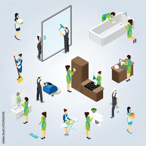 Isometric Illustration of Professional Home Cleaning Service Staff at Work Poses