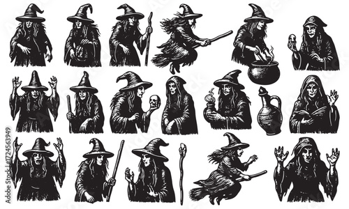 Vintage Witch Collection Engraving, Occult Magic Symbols, Halloween & Esoteric Art Set