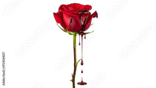 A dramatic and symbolic image of a single red rose bleeding a dark red liquid, isolated against a stark white background representing passion and pain