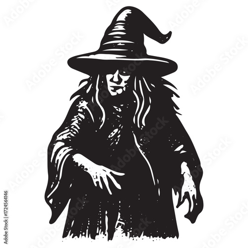 Dark Witch Casting Spell with Hands, Occult Power Symbol, Gothic Mystical Engraving Art