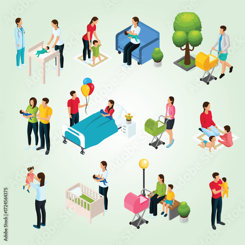 Isometric Illustration of Family with Newborn Baby Scene and Parenthood Lifestyle
