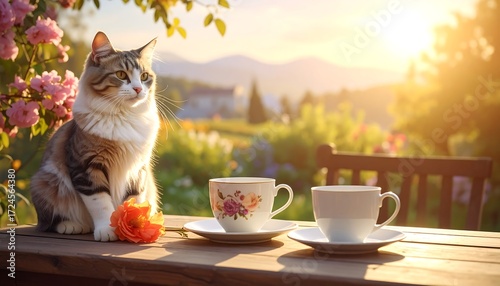Cat enjoying tea in garden at sunset