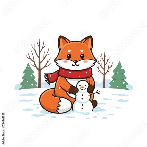 A cheerful flat 2D vector illustration depicts a cute fox wearing a vibrant red winter scarf, happily building a small snowman in a serene snowy field with bare trees in the background.