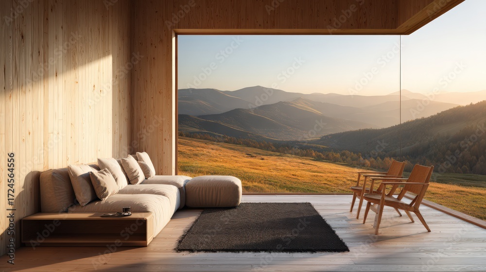 Fototapeta premium Sunset Japandi Style Living Room in Modern Hillside House