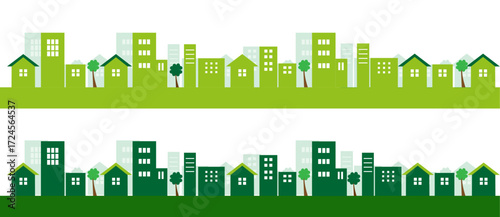 Print Green city, sustainable urbanism, eco-friendly architecture, environmental conservation, renewable energy, urban landscape, cityscape illustration, flat design, nature integration, community dev