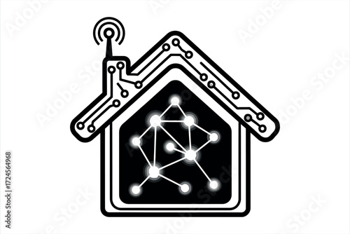 Black and white house outline with circuit board and network nodes home