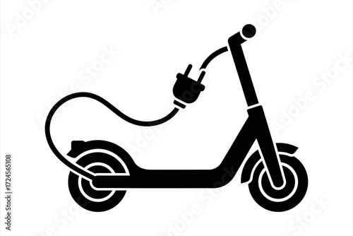 Black electric scooter with charging plug icon on white background e-scooter transportation