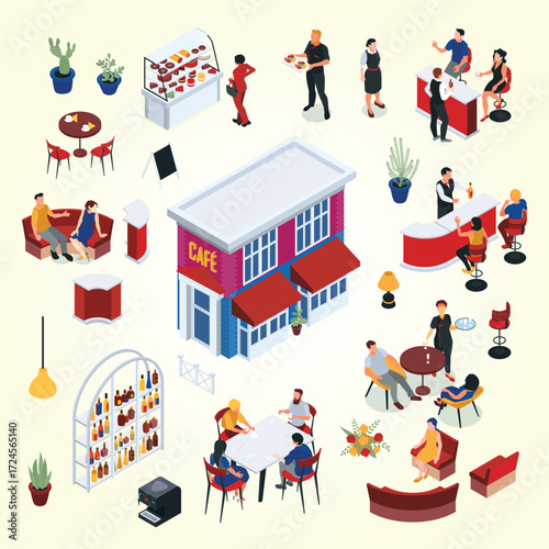 Isometric Modern City Cafe Restaurant Building and Customers Illustration Graphic