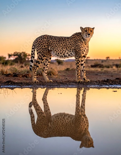 Cheetah by a watering hole at sunrise