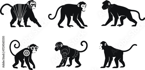 Stylized monkey illustrations, black vector, robotic limbs, steampunk gear, silhouette pose, expressive face, concept art, animal design, character set