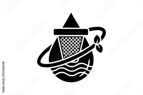 Black silhouette of a water drop with a sieve and leaves vector