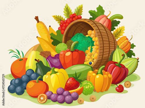 Abundant cornucopia vector illustration full of fresh fruits and vegetables scalable graphic