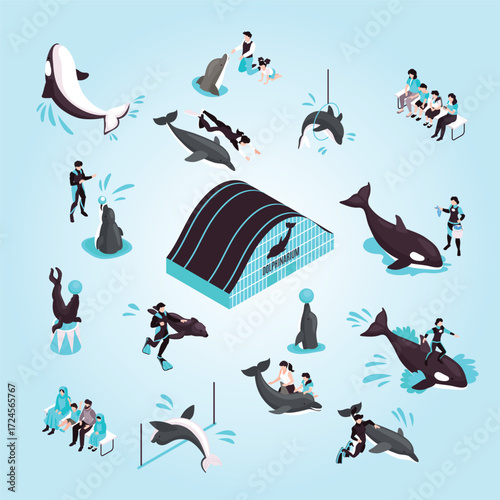 Isometric Detailed Dolphinarium Show Performance with Trained Marine Mammals Illustration