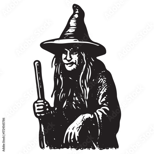 Classic Witch with Magic Staff, Esoteric Ritual Tool, Vintage Gothic Fantasy Art