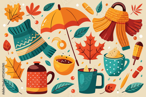 Autumn doodle vector elements collection coffee cup scarves umbrella leaves warm cozy fall season illustration