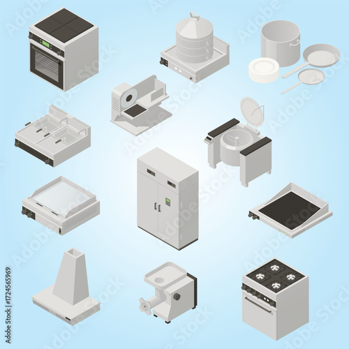 Isometric Professional Kitchen Equipment Illustration with Stainless Steel Appliances Set