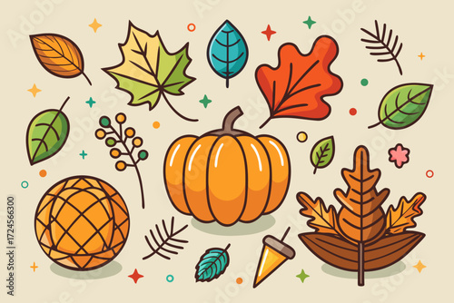 Autumn leaf collection vector graphics seasonal fall icons pumpkin acorn botanical elements scalable illustration