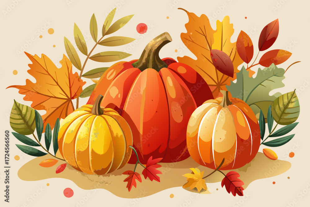 Naklejka premium Watercolor style textured pumpkins and autumn leaves vector illustration scalable graphic design