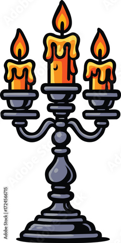 Editable EPS of a gothic candelabra with three burning candles and melting wax, perfect for Halloween decorations, haunted themes, party posters, spooky invitations, stickers, or seasonal elements.