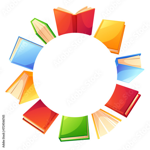 A template featuring a round frame of colorful books with empty space for text. Colorful textbooks in various positions. Concept for book sales, book forums, libraries, bookstores, back to school..