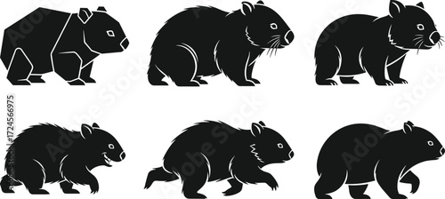 Wombat illustrations, stylized poses, geometric abstraction, fur texture, minimalist outline, black silhouette, vector art, animal character set