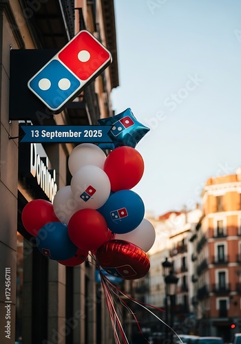 Celebratory domino's opening, colorful balloons flying above cityscape