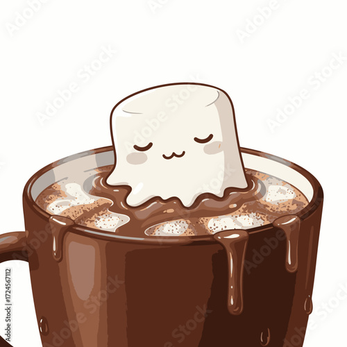A charmingly illustrated marshmallow with a serene, sleepy face gently melts into a rich, steaming mug of hot chocolate, creating a comforting and sweet drink.